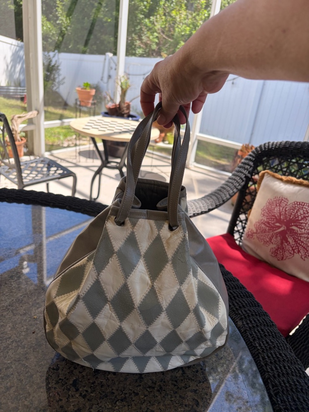 Women’s Gray and Cream Checkered Drawstring Tote Bag